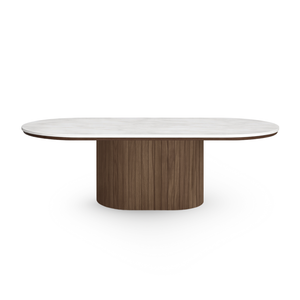 Bobby - Tavolino ovale con piano in pietra beige chiaro e base in rovere fumé 120x55x45 cm