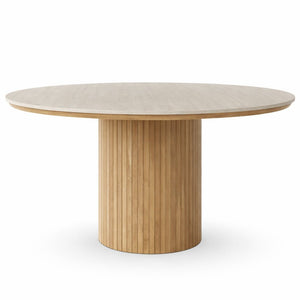Tavolo da pranzo rotondo Enzo con piano in pietra beige e base a doghe in rovere Ø120 cm