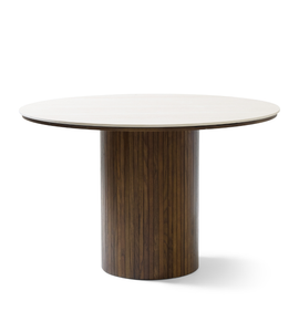 Enzo tavolo da pranzo rotondo con piano in pietra beige e base a doghe in rovere fumé Ø120 cm