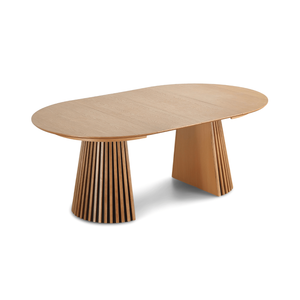 Lewis - Tavolo da pranzo rotondo a doghe impiallacciato in rovere con prolunga 100/140/180 cm - 2x prolunghe incluse