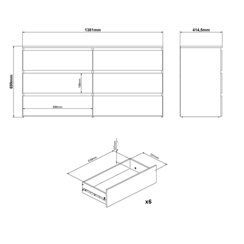 Maise cassettiera 70x138x41 cm con 6 cassetti in bianco