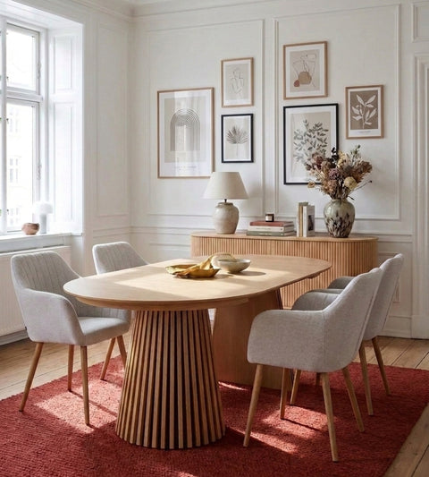 Sedia da pranzo Vanessa con braccioli - tessuto beige e finitura effetto rovere