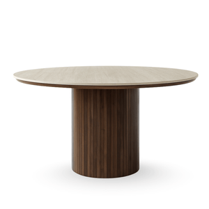 Enzo tavolo da pranzo rotondo con piano in pietra beige e base a doghe in rovere fumé Ø120 cm