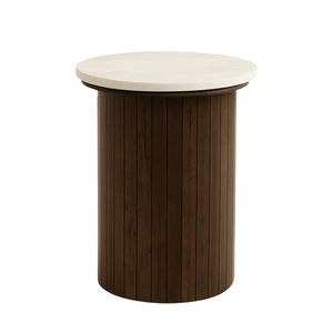 Enzo tavolino laterale con piano in pietra e base a lamelle in rovere affumicato Ø40 cm