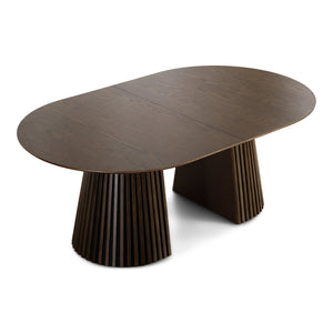 Lewis – Tavolo da pranzo ovale con lamelle in impiallacciatura rovere affumicato con allunga 200/250/300 cm – 2 prolunghe incluse