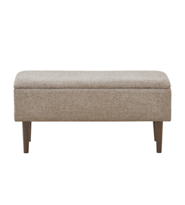 Panca Malika – tessuto color sabbia con vano portaoggetti e gambe effetto rovere affumicato, 95x35x45 cm