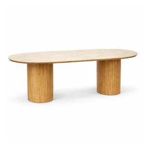 Tavolo da pranzo ovale Enzo con piano in pietra beige e base a doghe in rovere 220x100x76 cm