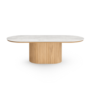 Bobby - Tavolino ovale con piano in pietra beige chiaro e base in rovere 120x55x45 cm