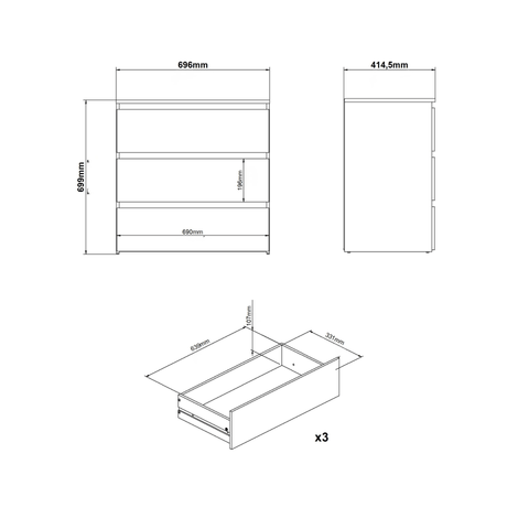 Maise cassettiera 70x70x41 cm con 3 cassetti in bianco